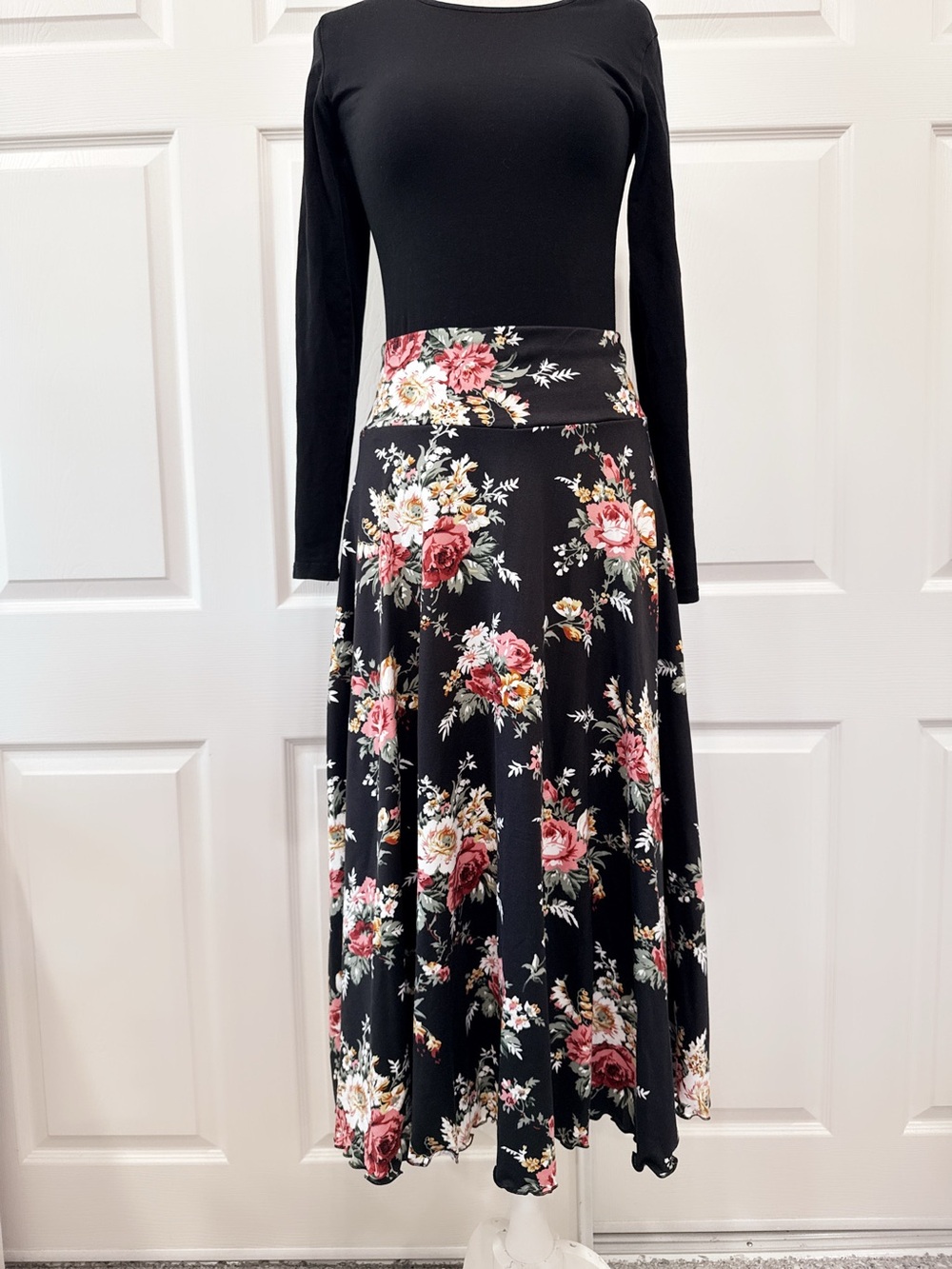Black Floral Midi Skirt with Pink & Cream Rose Print